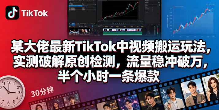 某大佬最新TikTok中视频搬运玩法，实测破解原创检测，流量稳冲破万，半个小时一条爆款-搞钱利器