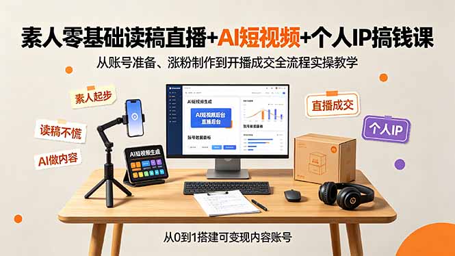 素人零基础读稿直播+AI短视频+个人IP搞钱课，从账号准备、涨粉制作到开播成交全流程实操教学-搞钱利器