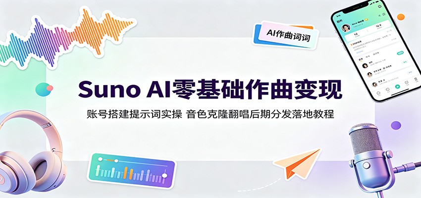 Suno AI零基础作曲变现：账号搭建提示词实操，音色克隆翻唱后期分发落地教程-搞钱利器