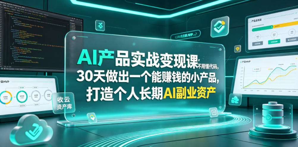 AI产品实战变现课，不用懂代码，30天做出一个能賺钱的小产品，打造个人长期AI副业资产-搞钱利器