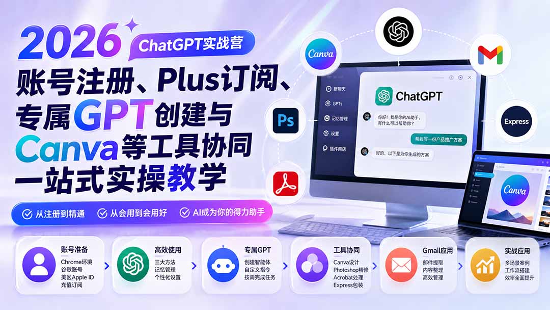 2026 ChatGPT实战营；账号注册、Plus订阅、专属GPT创建与Canva等工具协同一站式实操教学-搞钱利器