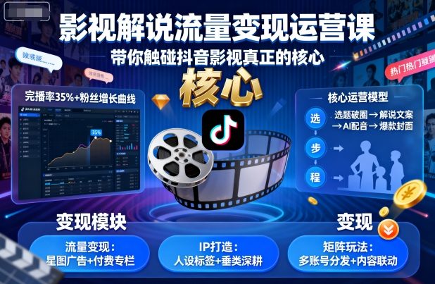 影视解说流量变现运营课，带你触碰抖音影视真正的核心-搞钱利器