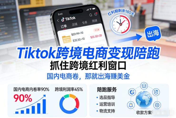 Tiktok跨境电商变现陪跑，抓住跨境红利窗口，国内电商卷，那就出海賺美金-搞钱利器