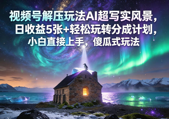 视频号解压玩法AI超写实风景，日收益5张+轻松玩转分成计划，小白直接上手，傻瓜式玩法-搞钱利器