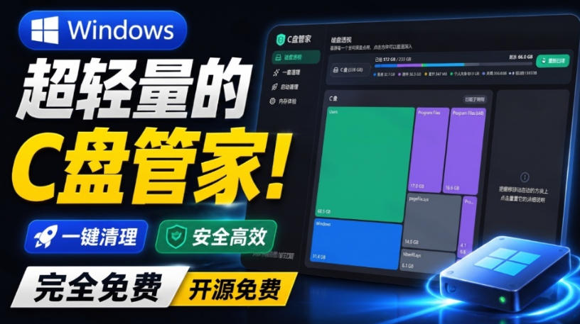 Windows超轻量的C盘管家！超级有特点，支持磁盘分析及清理提醒，2M大小体积，完全免费C盘管家-搞钱利器