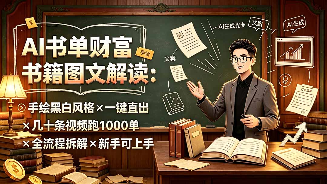 AI书单财富书籍图文解读：手绘黑白风格×一键直出×几十条视频跑1000单×全流程拆解×新手可上手-搞钱利器