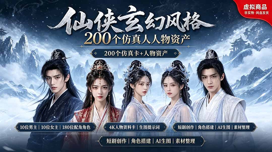 200个仙侠玄幻仿真人素材◆10男主×10女主×180配角，4K资料卡+AI生图提示词，漫剧必备-搞钱利器