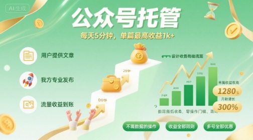 【公众号托管 】我提供文章，你发布，每天5分钟，单篇最高收益1k+【揭秘】-搞钱利器
