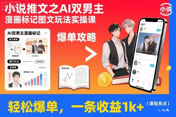 小说推文之AI双男主漫画标记图文玩法实操课，轻松爆单，一条收益1k+-搞钱利器