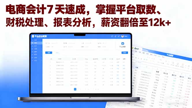 电商会计7天速成，掌握平台取数、财税处理、报表分析，薪资翻倍至12k+-搞钱利器