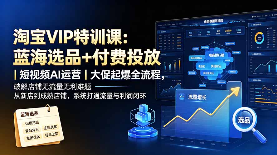 淘宝VIP特训课：蓝海选品+付费投放｜短视频AI运营｜大促起爆全流程，破解店铺无流量无利润难题-搞钱利器