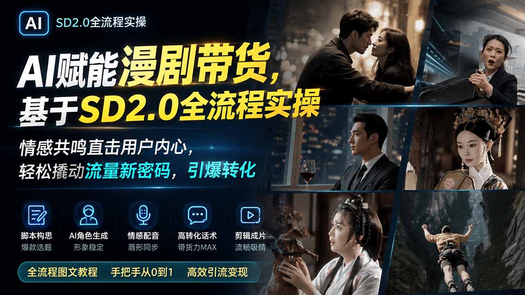 AI赋能漫剧带货，基于SD2.0全流程实操；情感共鸣直击用户内心，轻松撬动流量新密码，引爆转化-搞钱利器