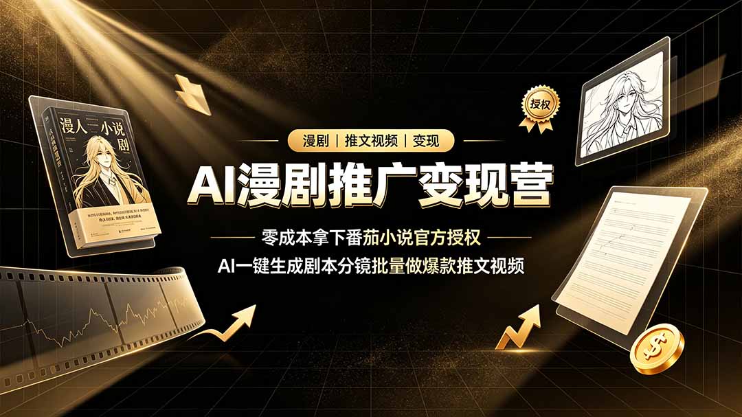 AI漫剧推广变现营，零成本拿下番茄小说官方授权，AI一键生成剧本分镜批量做爆款推文视频-搞钱利器