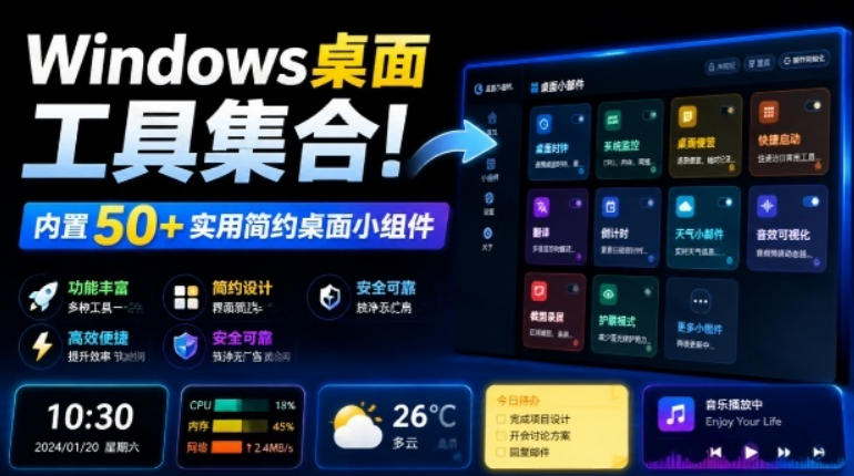 Windows桌面工具集合！内置50+实用简约桌面小组件，含截图、录屏、翻译、天气等，多秘工具箱-搞钱利器