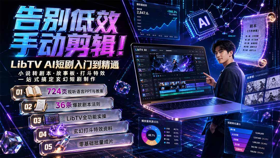 告别低效手动剪辑！LibTV AI短剧入门到精通，小说转剧本方法，故事板打斗特效一站式搞定玄幻短剧制作-搞钱利器