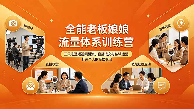 全能老板娘流量体系训练营，三天吃透短视频引流、直播成交与私域运营，打造个人IP轻松变现-搞钱利器