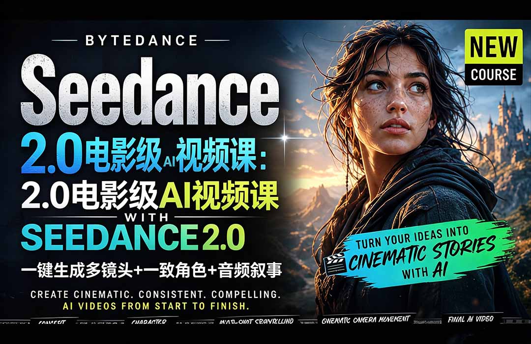 Seedance 2.0电影级AI视频课：一键生成多镜头+一致角色+音频叙事-搞钱利器