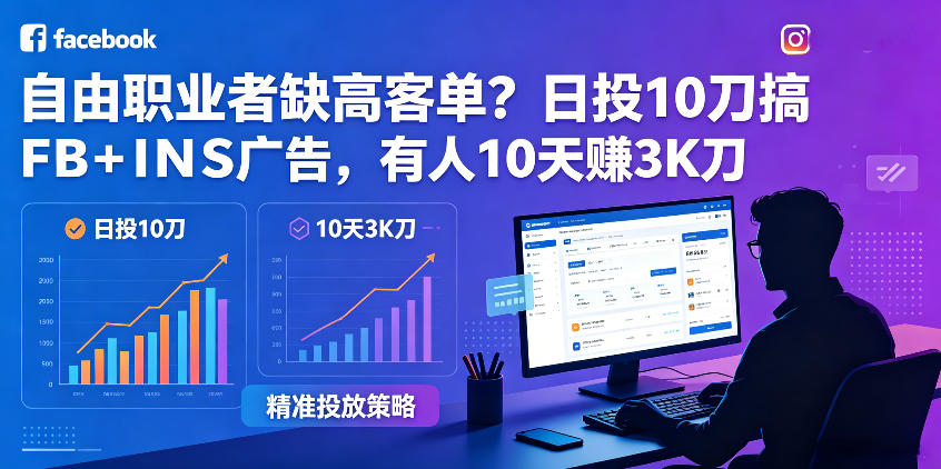 自由职业者缺高客单？日投10刀搞FB+INS广告，有人10天赚3K刀！【原创双语字幕】-搞钱利器