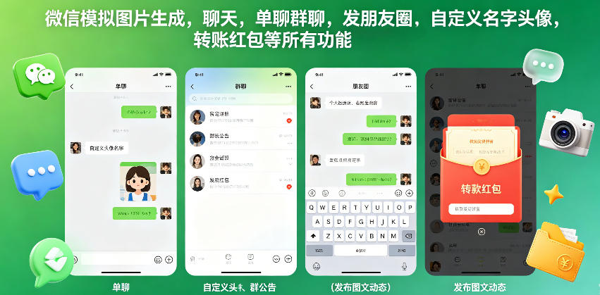 微信模拟图片生成，聊天，单聊群聊，发朋友圈，自定义名字头像，转账红包等所有功能都可以生成-搞钱利器