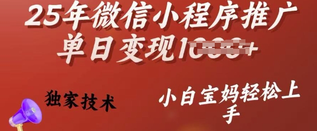 25年微信小程序推广单日变现多张，独家技术，小白宝妈轻松上手【揭秘】-搞钱利器