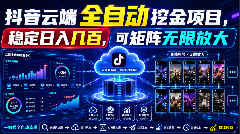 Dy云端全自动挖金项目，稳定日入几百，可矩阵无限放大！【揭秘】-搞钱利器