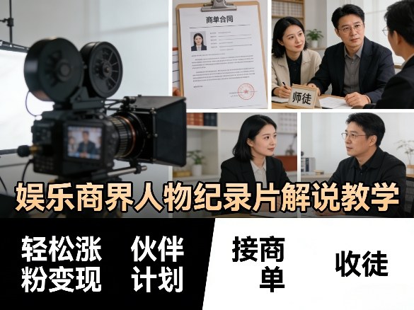 娱乐商界人物纪录片解说教学，轻松涨粉变现，伙伴计划，接商单，收徒等-搞钱利器