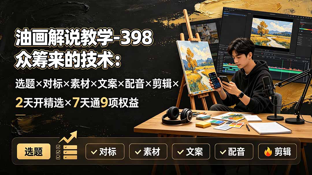 油画解说教学-398众筹来的技术：选题×对标×素材×文案×配音×剪辑×2天开精选×7天通9项权益-搞钱利器