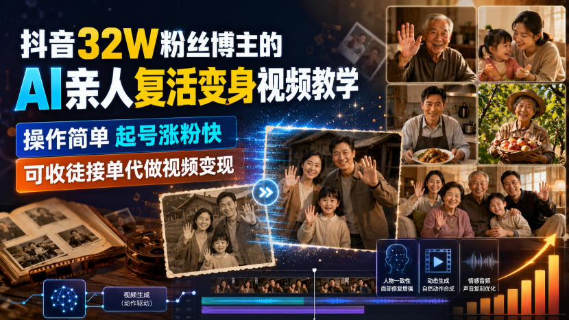 抖音32W粉丝博主的AI亲人复活变身视频教学，操作简单，起号涨粉快，可收徒接单代做视频变现-搞钱利器