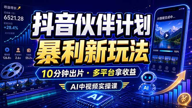 抖音伙伴计划最新玩法，无需配音剪辑，10分钟出一条原创视频，轻松日入三位数-搞钱利器