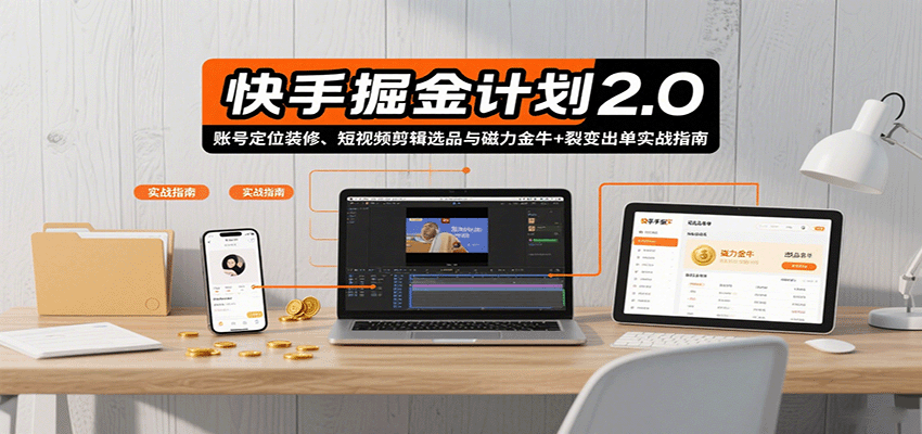 快手掘金计划2.0，账号定位装修、短视频剪辑选品与磁力金牛+裂变出单实战指南-搞钱利器