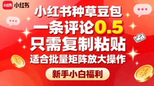 小红书种草豆包，一条评论0.5，只需复制粘贴，适合批量矩阵放大操作，新手小白福利-搞钱利器