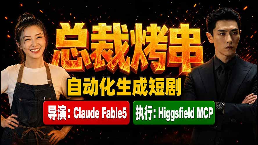 《总裁烤串》真人短剧全自动诞生！Claude Fable5 当导演，Higgsfield MCP 执行！-搞钱利器