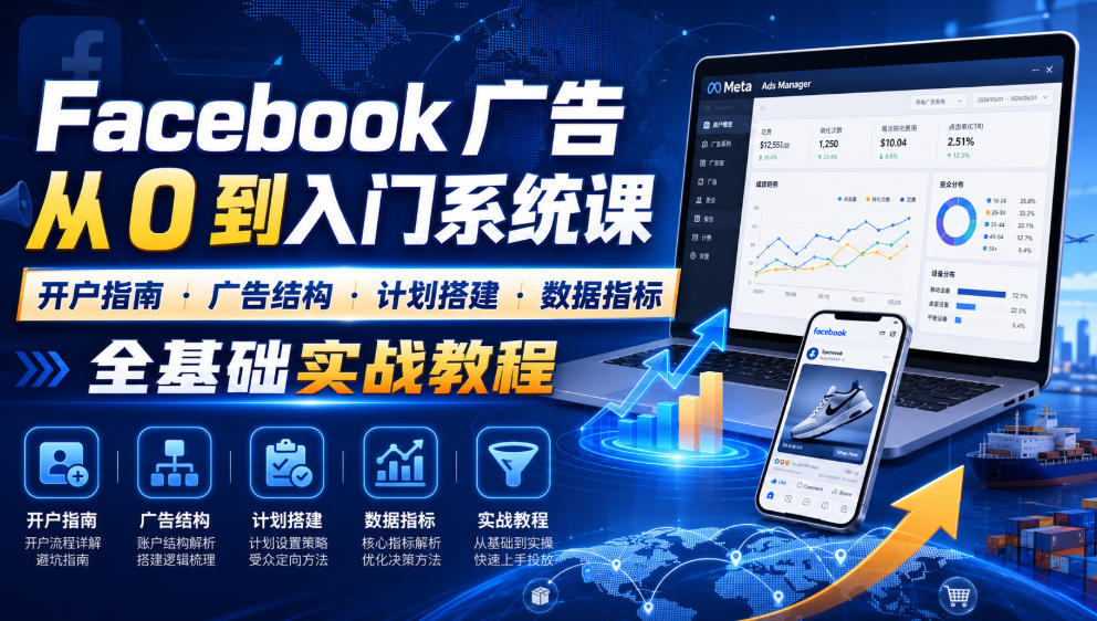 Facebook广告新手从0到入门系统课|开户指南・广告结构・计划搭建・数据指标全基础实战教程-搞钱利器