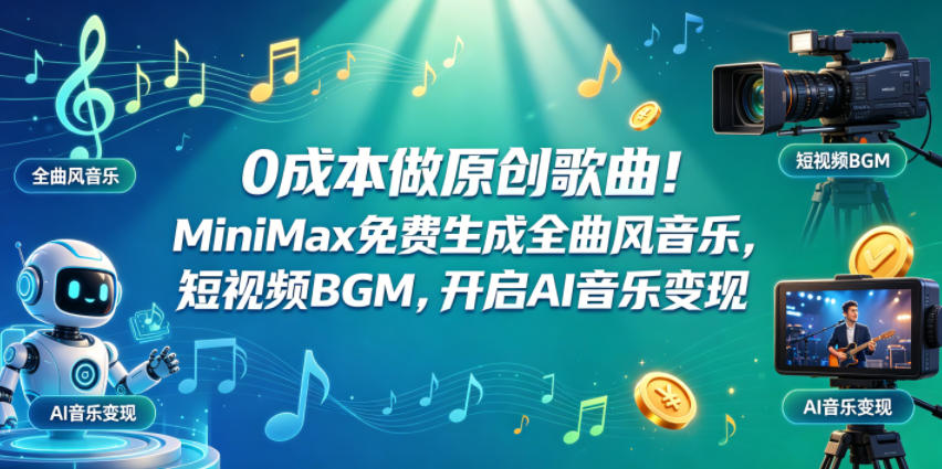0成本做原创歌曲！MiniMax免费生成全曲风音乐，短视频BGM，开启AI音乐变现-搞钱利器