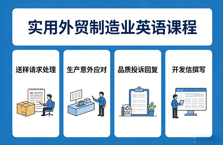 实用外贸制造业英语课程，教你专业处理送样请求、应对生产意外、回复品质投诉、撰写开发信等-搞钱利器