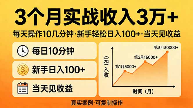 3个月实战收入3万+，每天操作10几分钟，新手轻松日入100+，当天见收益-搞钱利器