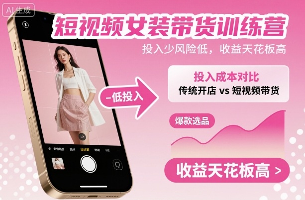 短视频女装带货训练营，投入少风险低，收益天花板高-搞钱利器