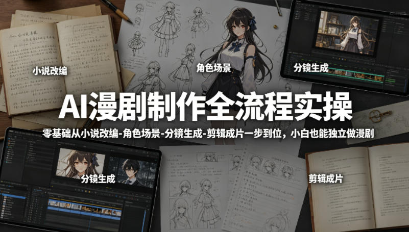 AI漫剧制作全流程实操，零基础从小说改编-角色场景-分镜生成-剪辑成片一步到位，小白也能独立做漫剧-搞钱利器