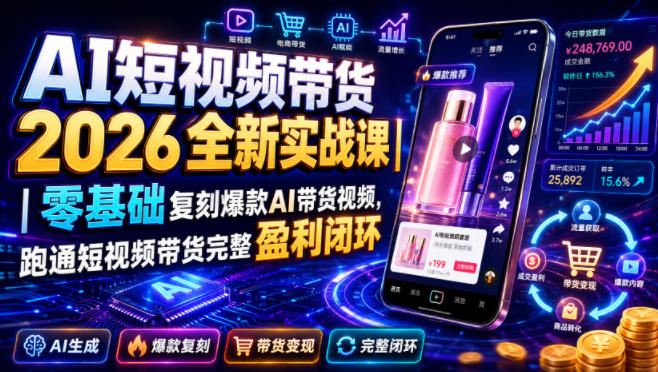 AI短视频带货2026全新实战课|零基础复刻爆款AI带货视频,跑通短视频带货完整盈利闭环-搞钱利器