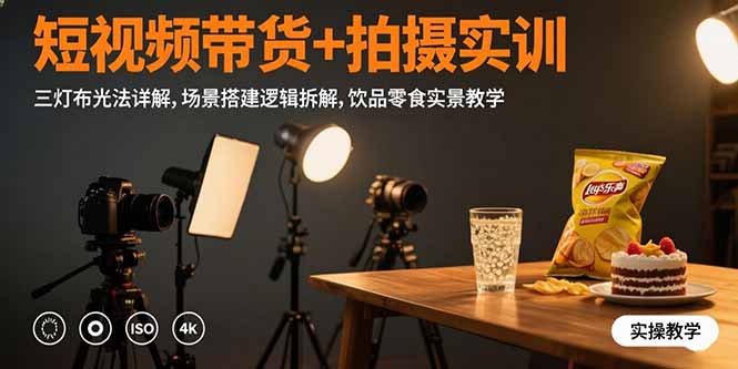 短视频带货+拍摄实训：三灯布光法详解,场景搭建逻辑拆解,饮品零食实景教学-搞钱利器