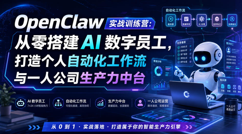 OpenClaw实战训练营：从零搭建AI数字员工，打造个人自动化工作流与一人公司生产力中台-搞钱利器