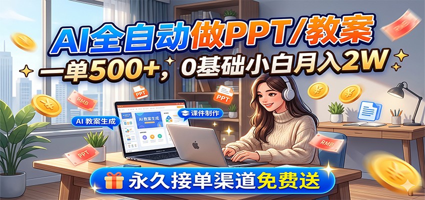 AI全自动做PPT/教案，一单500+，0基础小白月入2W，永久接单渠道免费送-搞钱利器