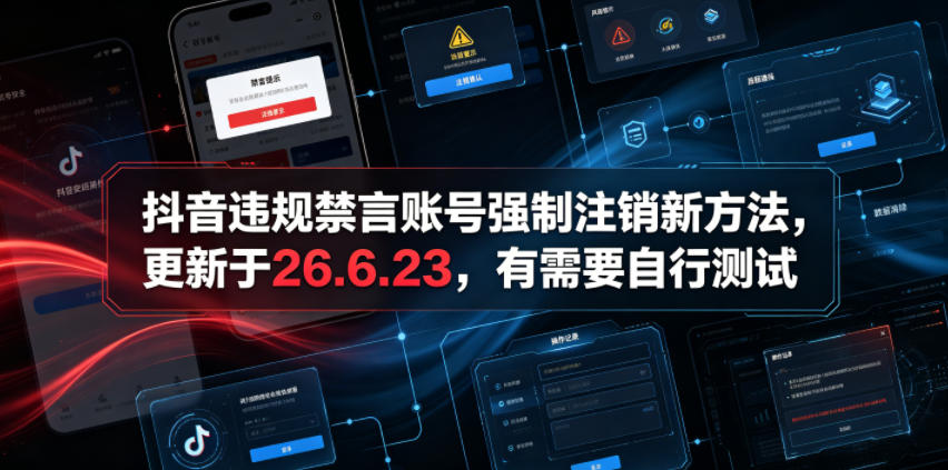抖音违规禁言账号强制注销新方法，更新于26.6.23，有需要自行测试-搞钱利器