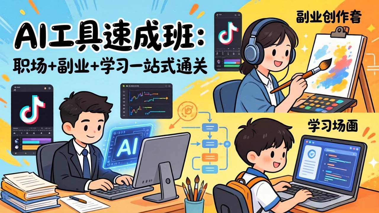 AI工具速成班：职场+副业+学习一站式通关，20+爆款类型+剪映技巧+抖音算法，0基础快速上手-搞钱利器