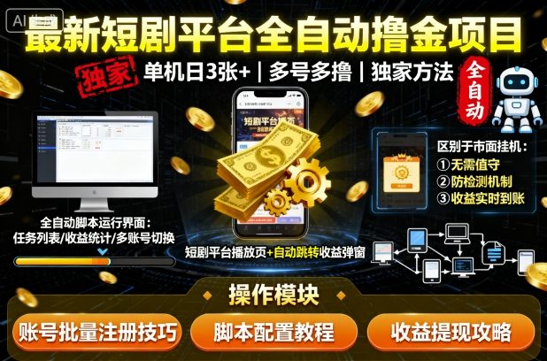 最新短剧平台全自动挂G撸金项目，单机一天3张+，多号多撸，区别于市面所有挂机项目，独家方法【揭秘】-搞钱利器