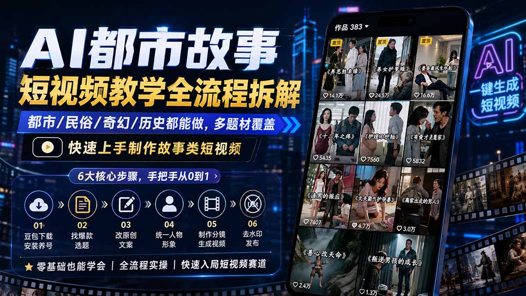 AI都市故事短视频教学全流程拆解；都市/民俗/奇幻/历史都能做多题材覆盖，快速上手制作故事类短视频-搞钱利器