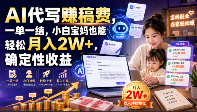 AI代写賺稿费，一单一结，小白宝妈也能轻松月入2W+，确定性收益【揭秘】-搞钱利器