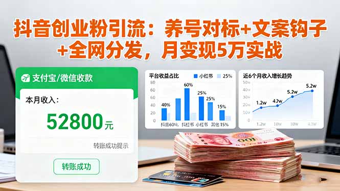 抖音创业粉引流：养号对标+文案钩子+全网分发，月变现5万实战-搞钱利器