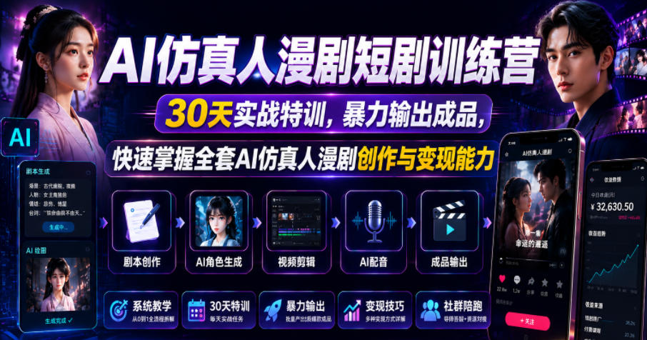 AI仿真人漫剧短剧训练营，30天实战特训，暴力输出成品，快速掌握全套AI仿真人漫剧创作与变现能力-搞钱利器