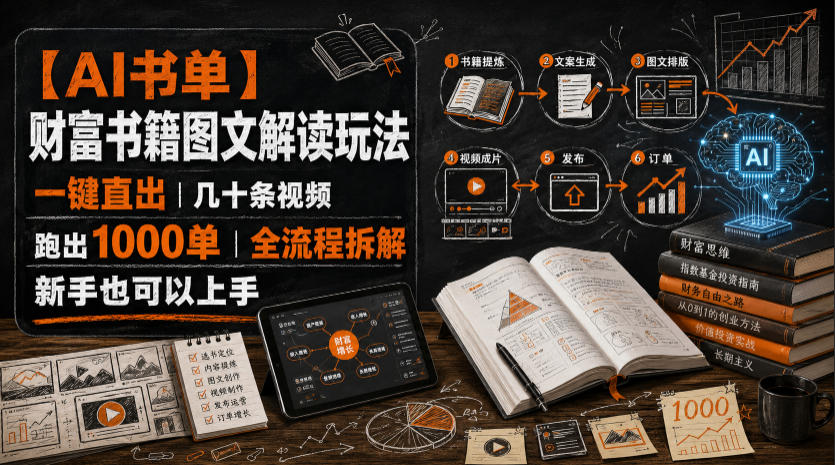 【AI书单】财富书籍图文解读玩法，一键直出，几十条视频，跑出1000单，全流程拆解，新手也可以上手-搞钱利器